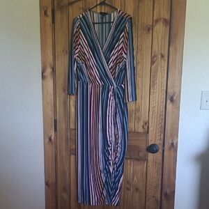 Lane Bryant Striped Wrap Midi Dress in Teal, Pink, Navy and White. Size 14/16